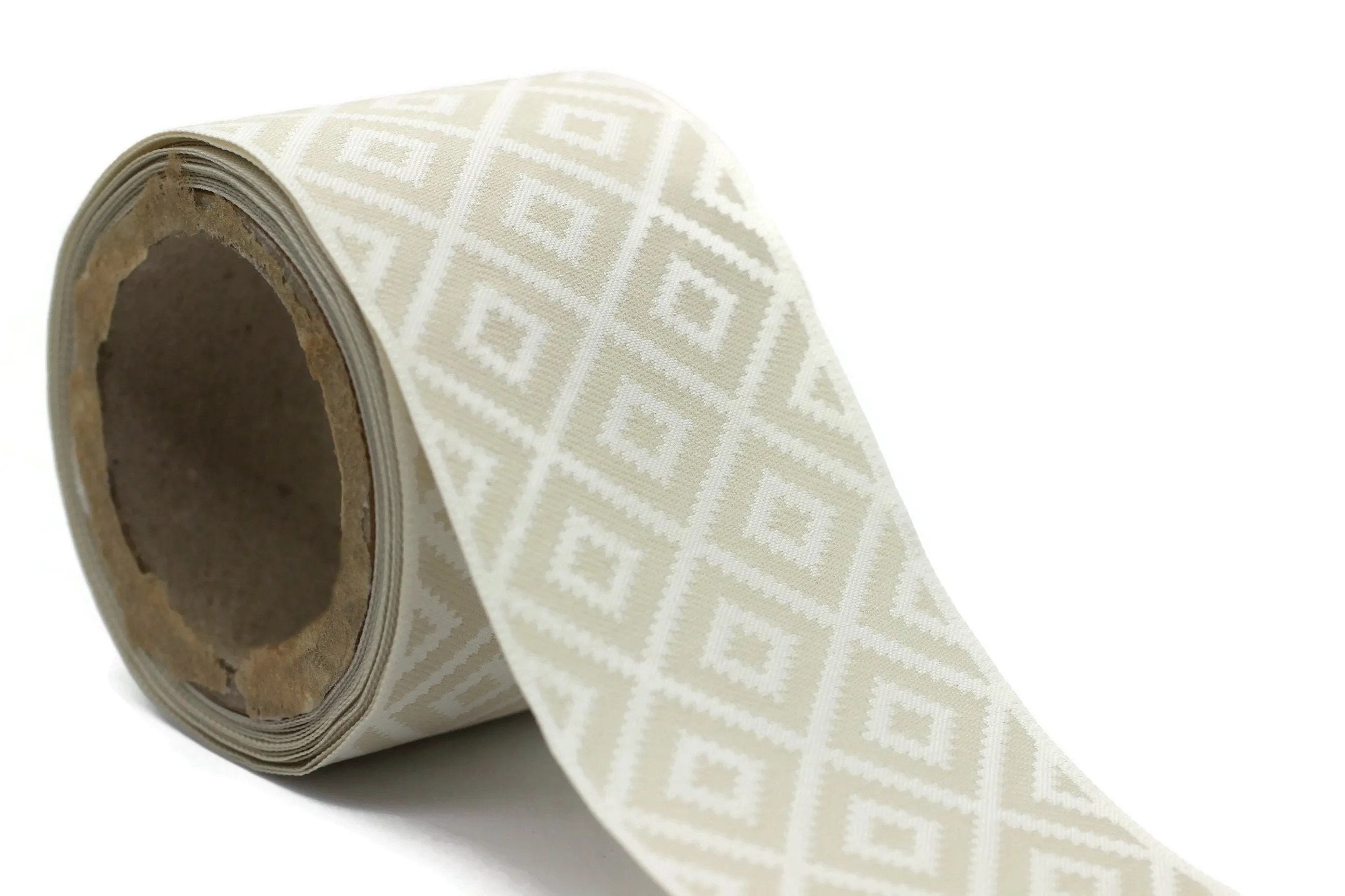 100mm Cream&White Mosaic Ribbon for Drapery Banding (3.93 inch), Jacquard Trim, Drapery Banding Tape, Curtain Making Fabric Drape 194 V1