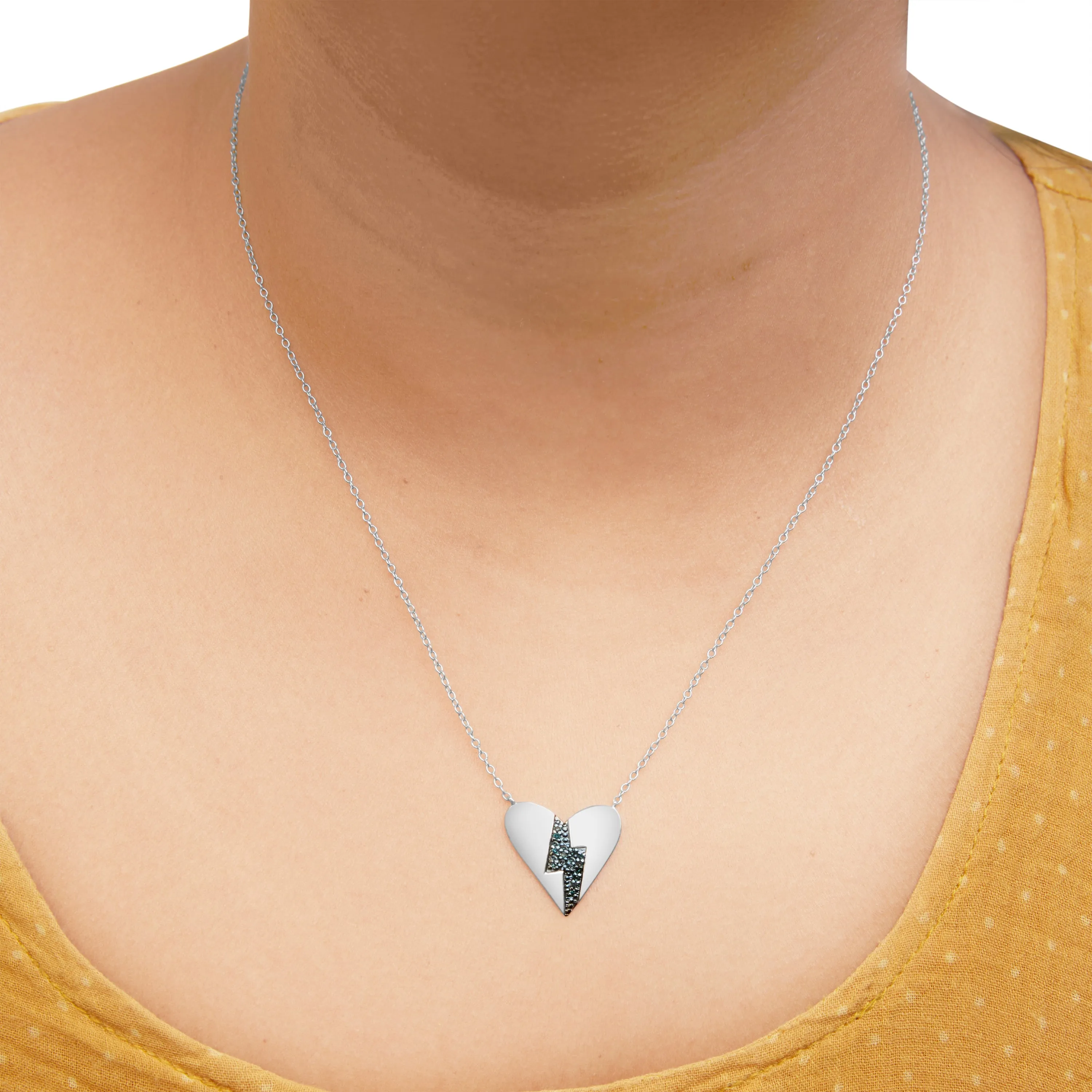 .925 Sterling Silver Blue Diamond Broken Heart Pendant Necklace