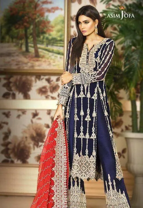 Beautiful chiffon dress by asim jofa in dark blue and red color Model#C 859