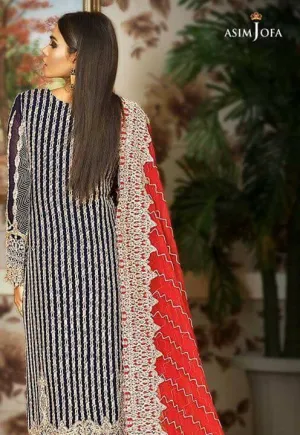 Beautiful chiffon dress by asim jofa in dark blue and red color Model#C 859