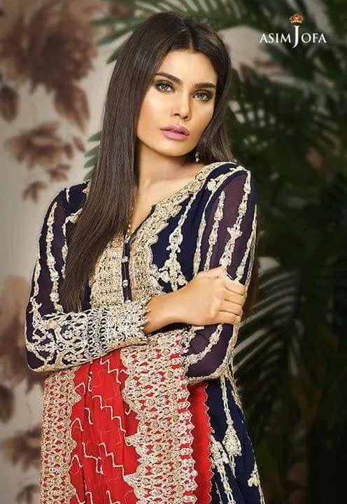 Beautiful chiffon dress by asim jofa in dark blue and red color Model#C 859