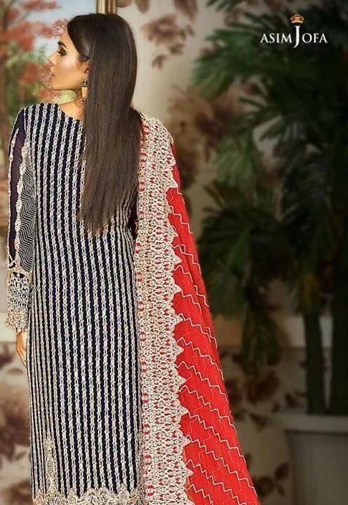 Beautiful chiffon dress by asim jofa in dark blue and red color Model#C 859