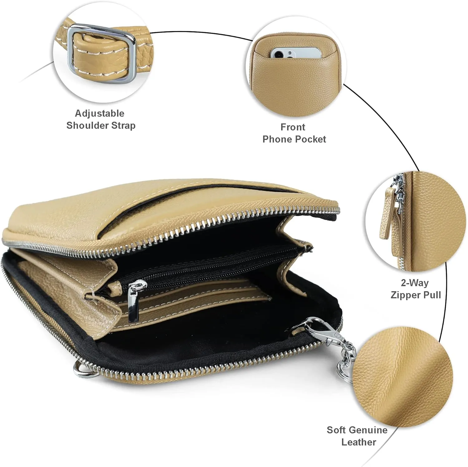 befen Genuine Leather Crossbody Cell Phone Purse for Women, Small Zip Around RFID Blocking Crossbody Wallet Bags