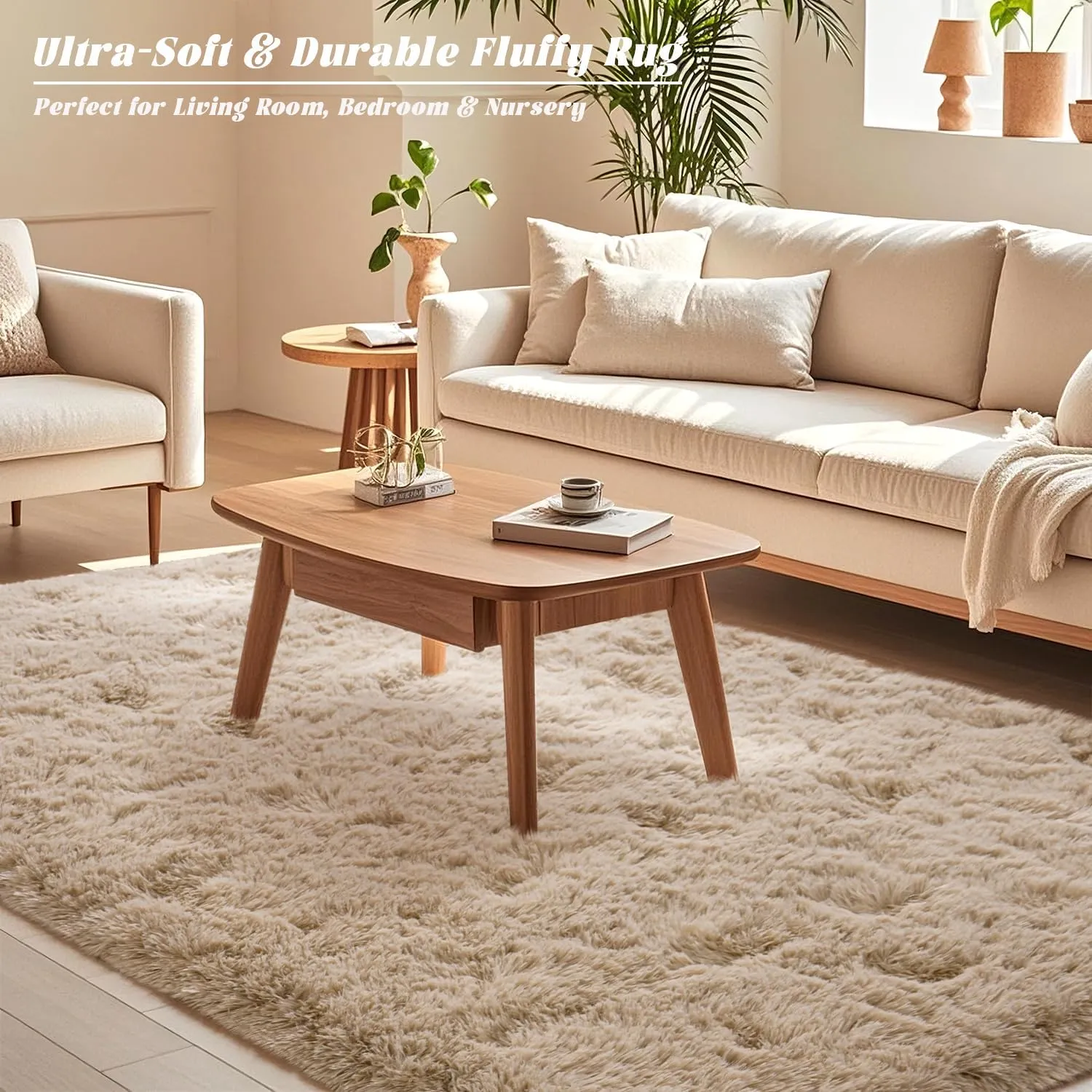 Beige Rug for Bedroom 2x6 Feet - Ultra Soft Faux Fur Area Rug - Plush Non-Slip Shaggy Carpet for Living Room, Cozy Fluffy Floor Rug for Home Decor