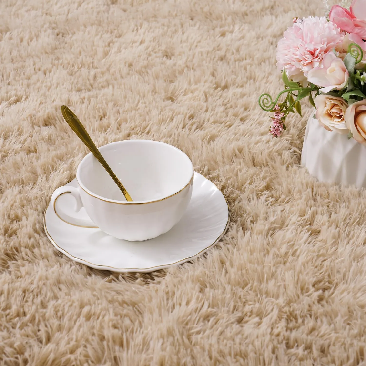 Beige Rug for Bedroom 2x6 Feet - Ultra Soft Faux Fur Area Rug - Plush Non-Slip Shaggy Carpet for Living Room, Cozy Fluffy Floor Rug for Home Decor