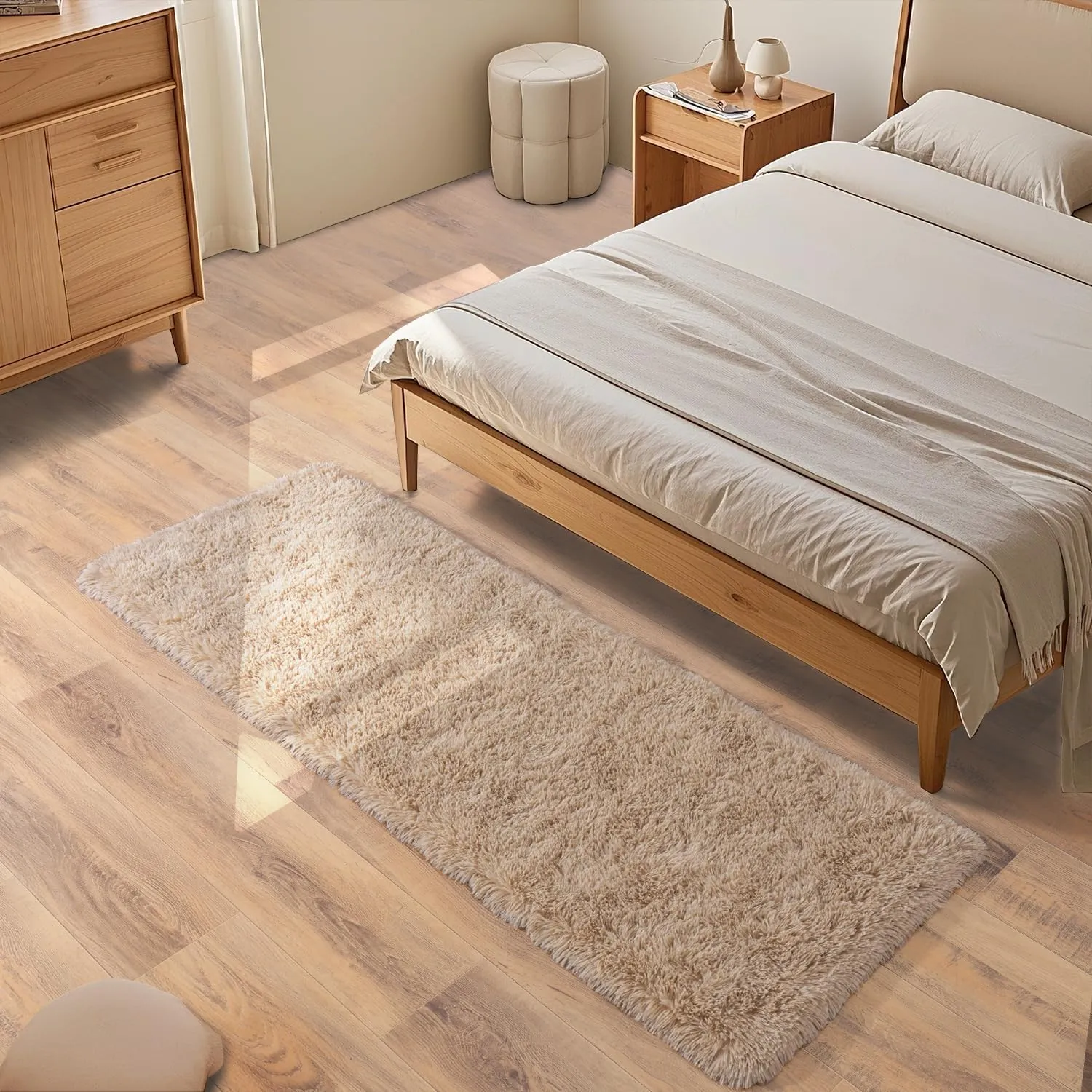 Beige Rug for Bedroom 2x6 Feet - Ultra Soft Faux Fur Area Rug - Plush Non-Slip Shaggy Carpet for Living Room, Cozy Fluffy Floor Rug for Home Decor