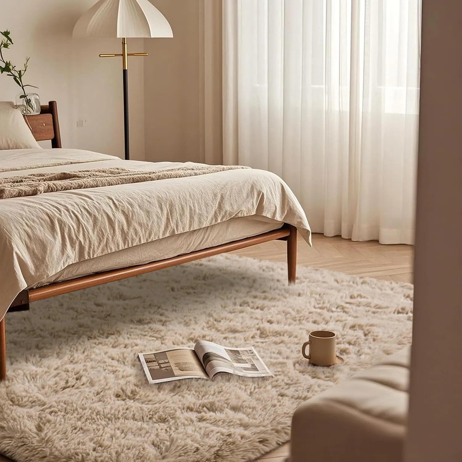 Beige Rug for Bedroom 2x6 Feet - Ultra Soft Faux Fur Area Rug - Plush Non-Slip Shaggy Carpet for Living Room, Cozy Fluffy Floor Rug for Home Decor