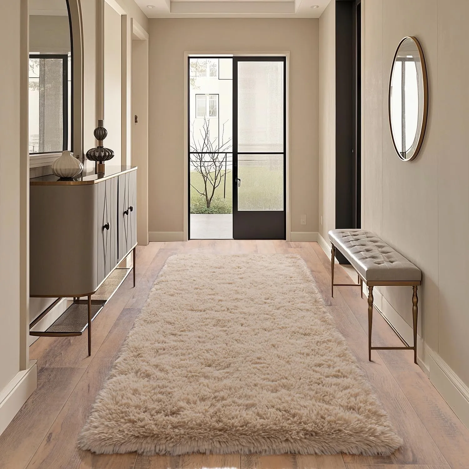 Beige Rug for Bedroom 2x6 Feet - Ultra Soft Faux Fur Area Rug - Plush Non-Slip Shaggy Carpet for Living Room, Cozy Fluffy Floor Rug for Home Decor