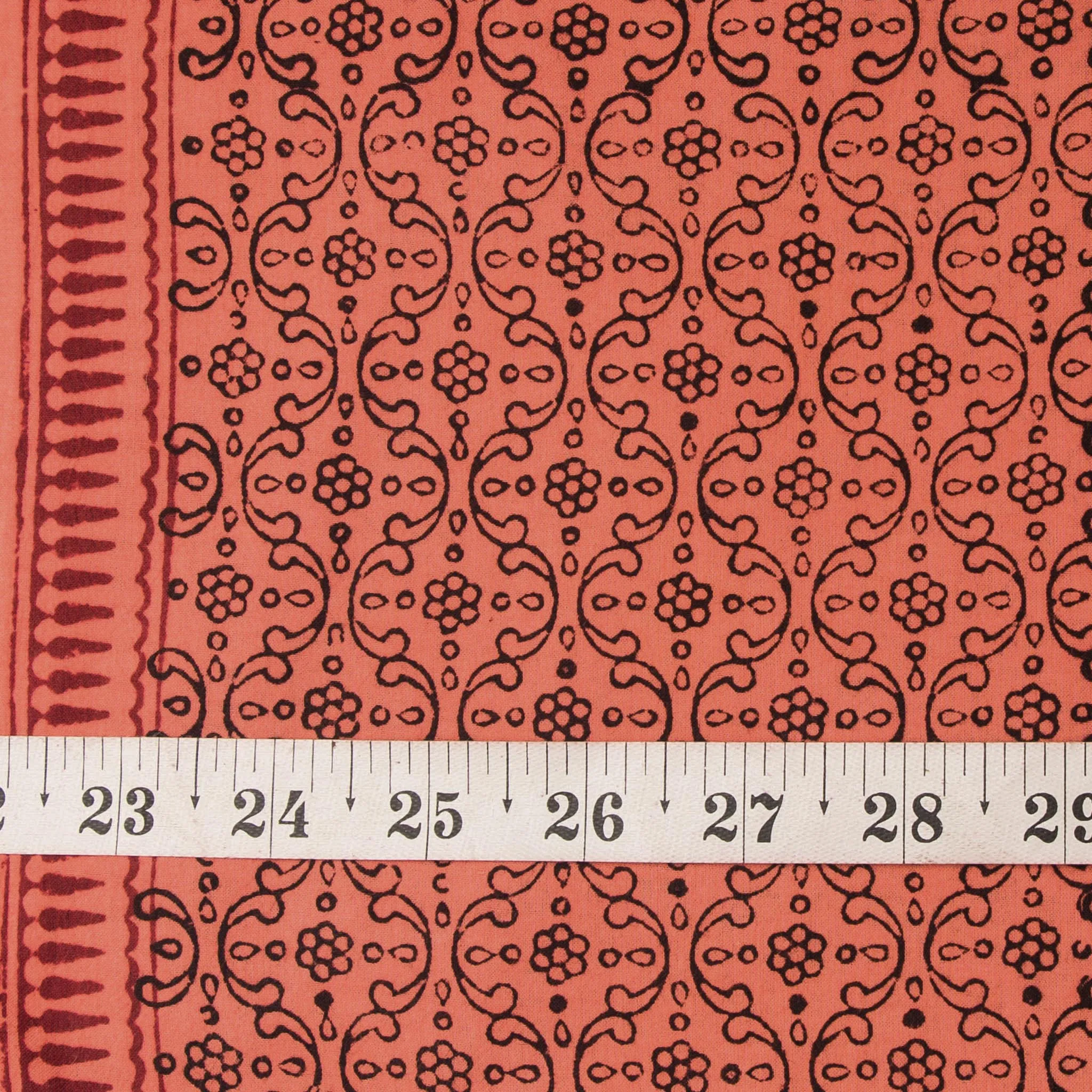 Black & Orange Bagh Hand Block Printed Cotton Fabric
