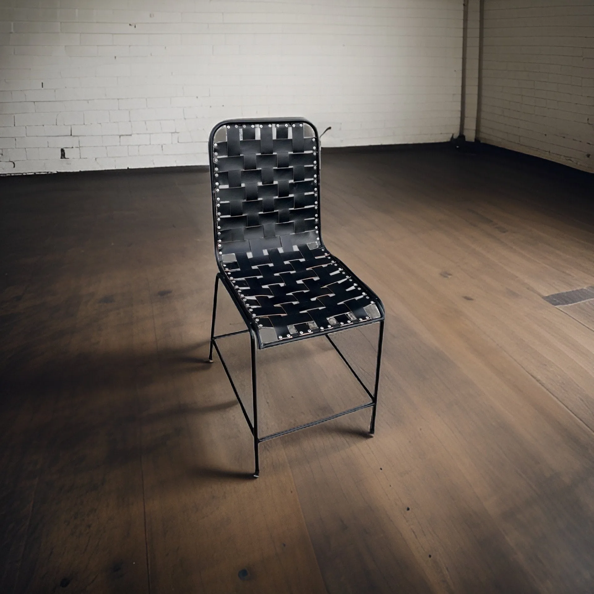 Black Genuine Woven Leather Cafe Lounger Chair | Vintage Style | Solid Cast Metal | Floor Standing By Maxlume