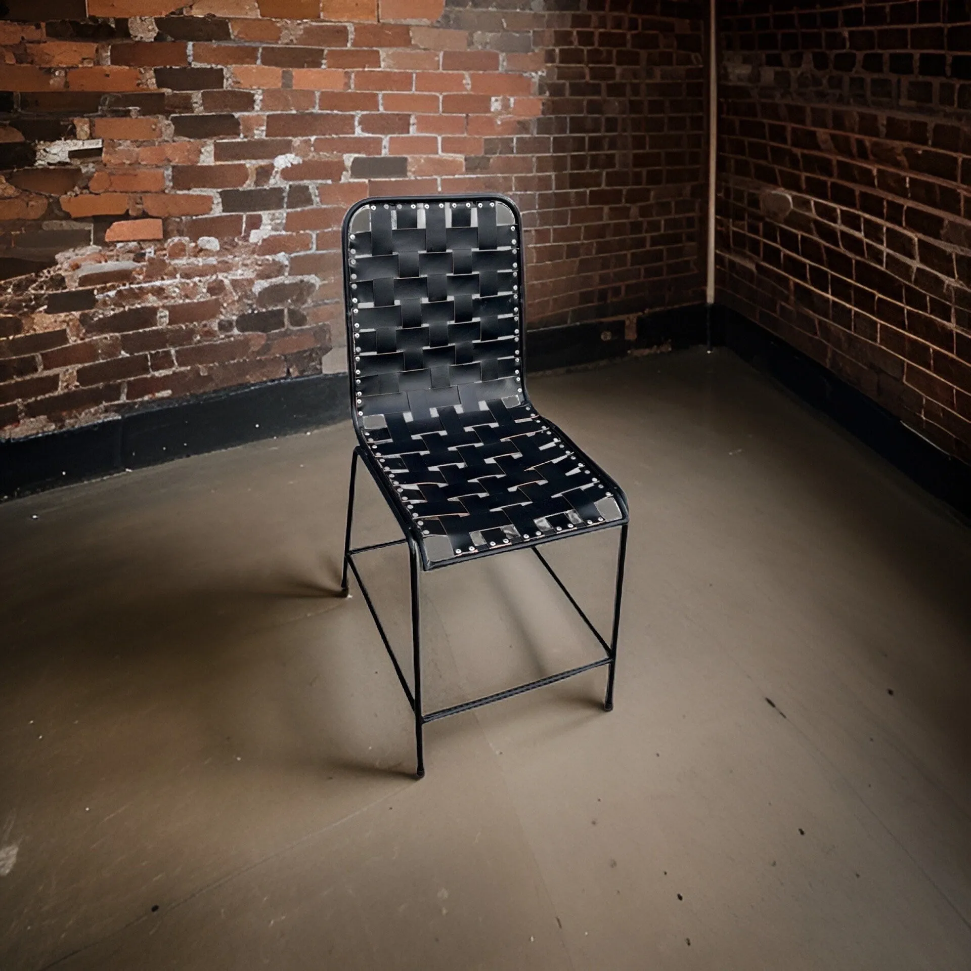 Black Genuine Woven Leather Cafe Lounger Chair | Vintage Style | Solid Cast Metal | Floor Standing By Maxlume