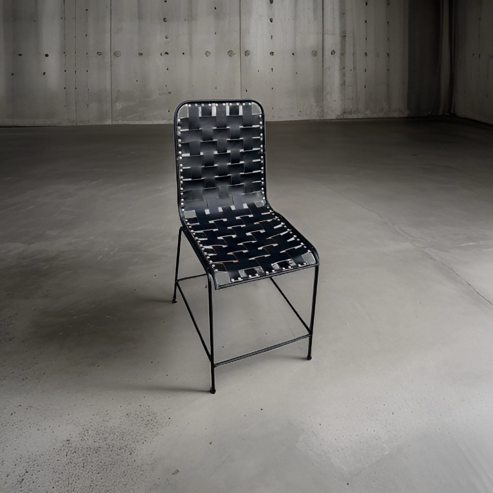 Black Genuine Woven Leather Cafe Lounger Chair | Vintage Style | Solid Cast Metal | Floor Standing By Maxlume