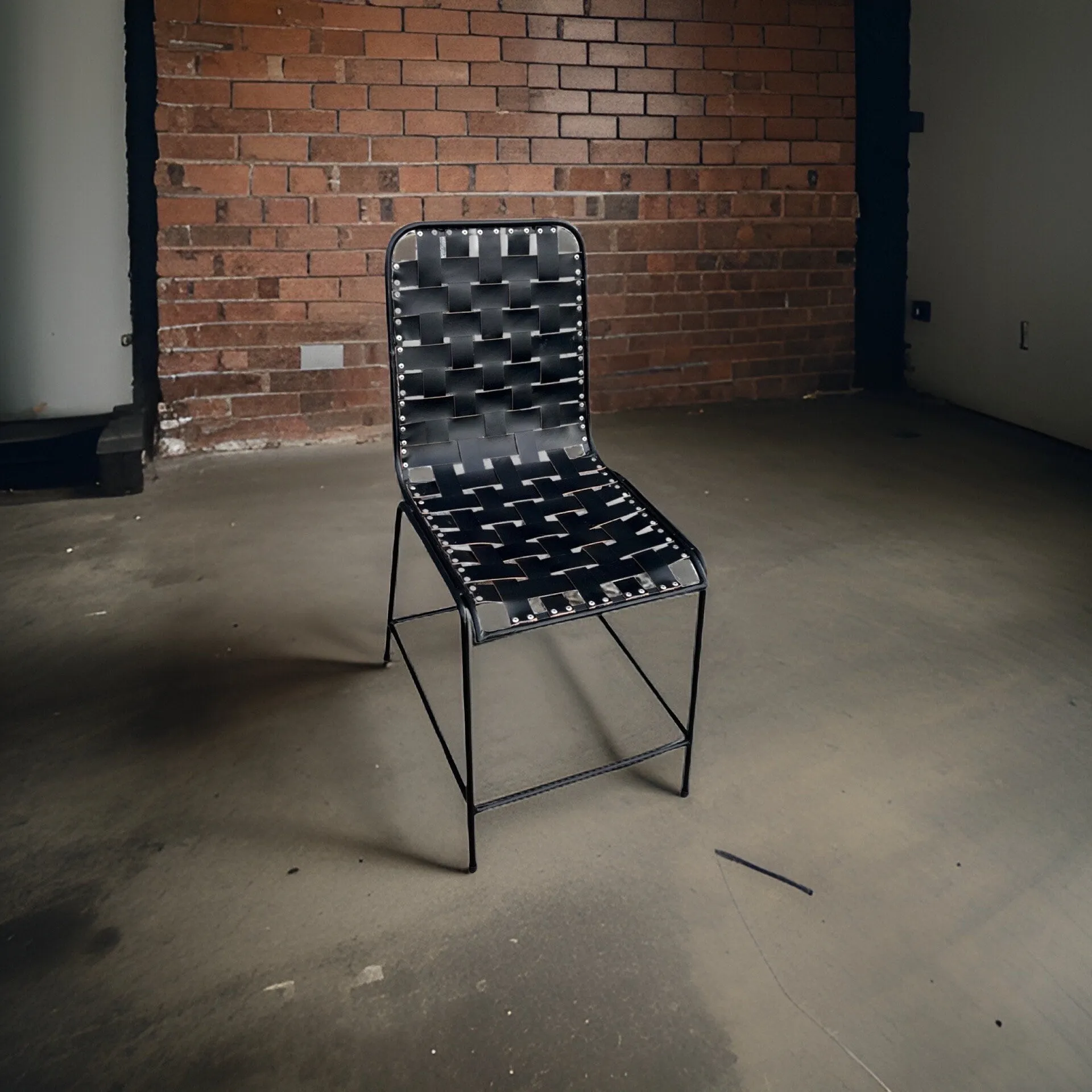 Black Genuine Woven Leather Cafe Lounger Chair | Vintage Style | Solid Cast Metal | Floor Standing By Maxlume