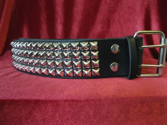 Black Leather Belt w/ 4 Rows of Silver Pyramid Studs