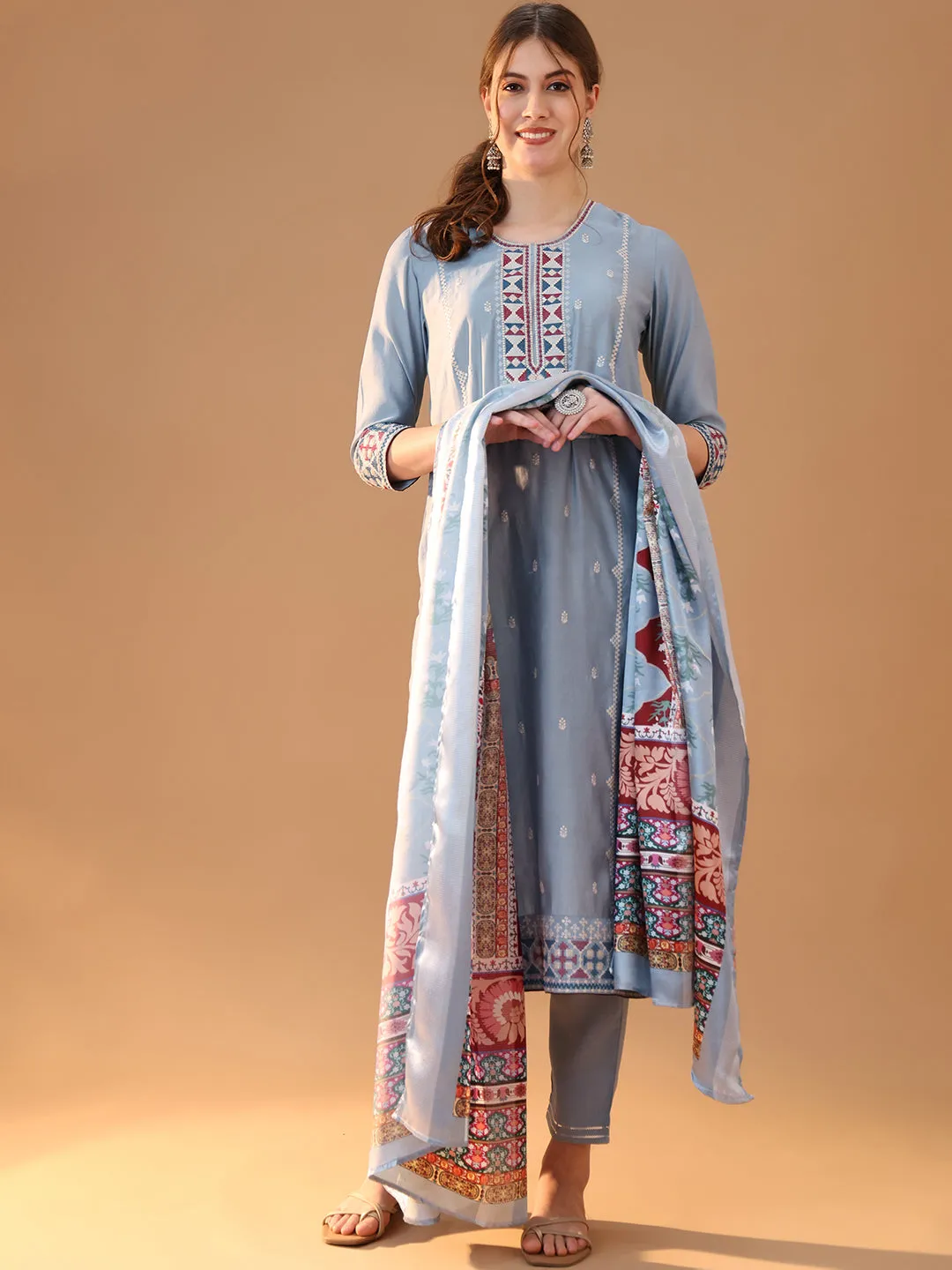 Blue Embroidered Kurta Set with Dupatta - Graceful Sequins Design