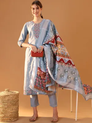 Blue Embroidered Kurta Set with Dupatta - Graceful Sequins Design