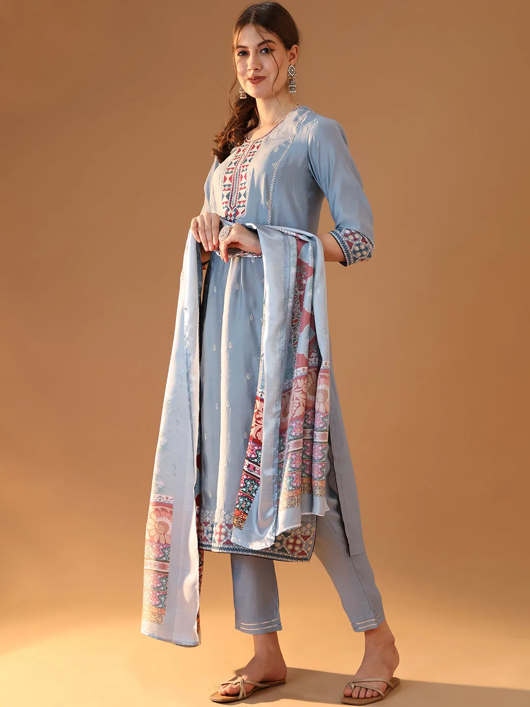 Blue Embroidered Kurta Set with Dupatta - Graceful Sequins Design