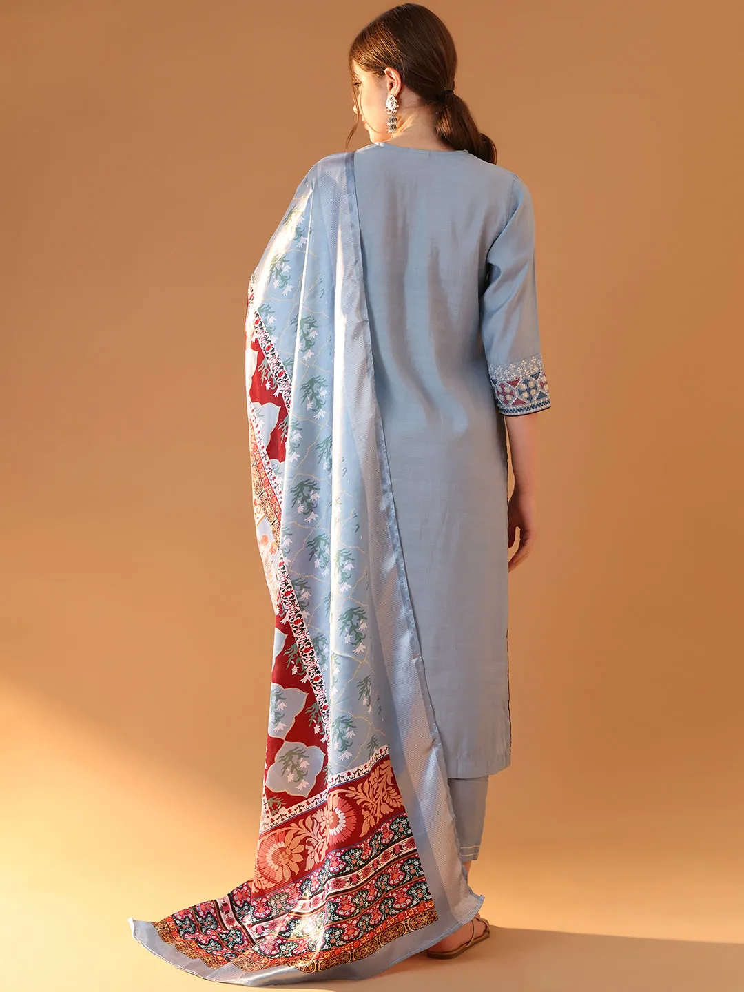 Blue Embroidered Kurta Set with Dupatta - Graceful Sequins Design