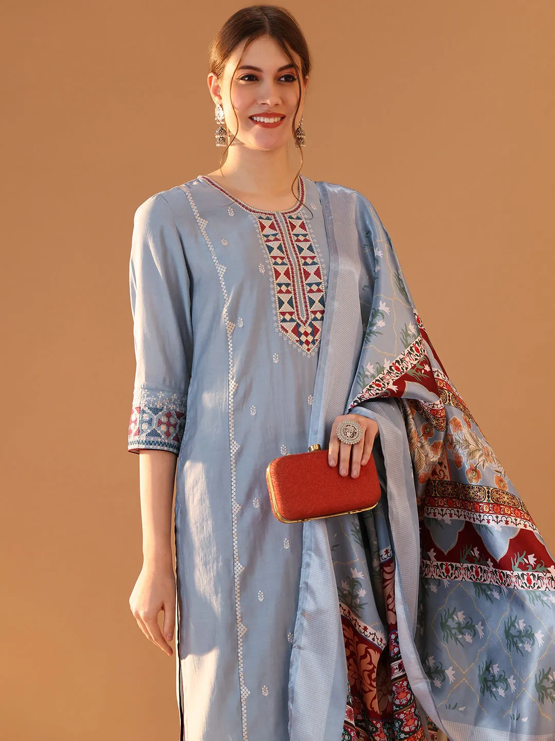 Blue Embroidered Kurta Set with Dupatta - Graceful Sequins Design