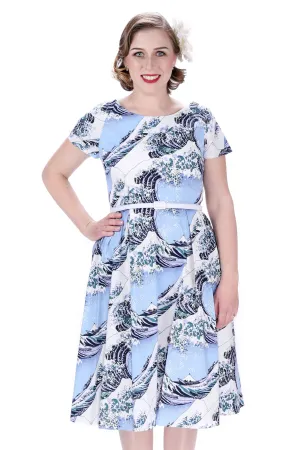 Blue Great Waves Scoop Neck Vintage Dress