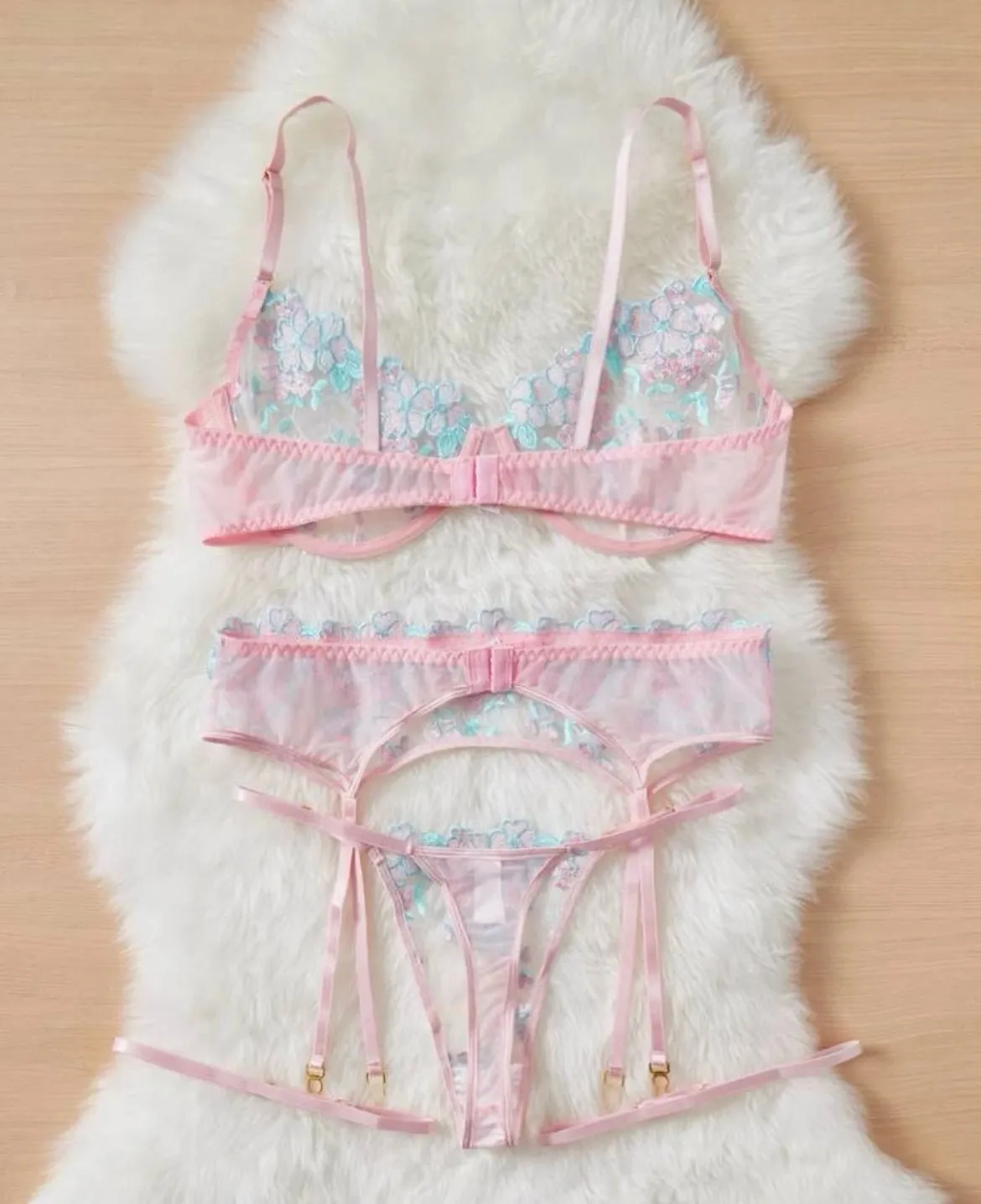 Blue Lingerie Set Pink Embroidery