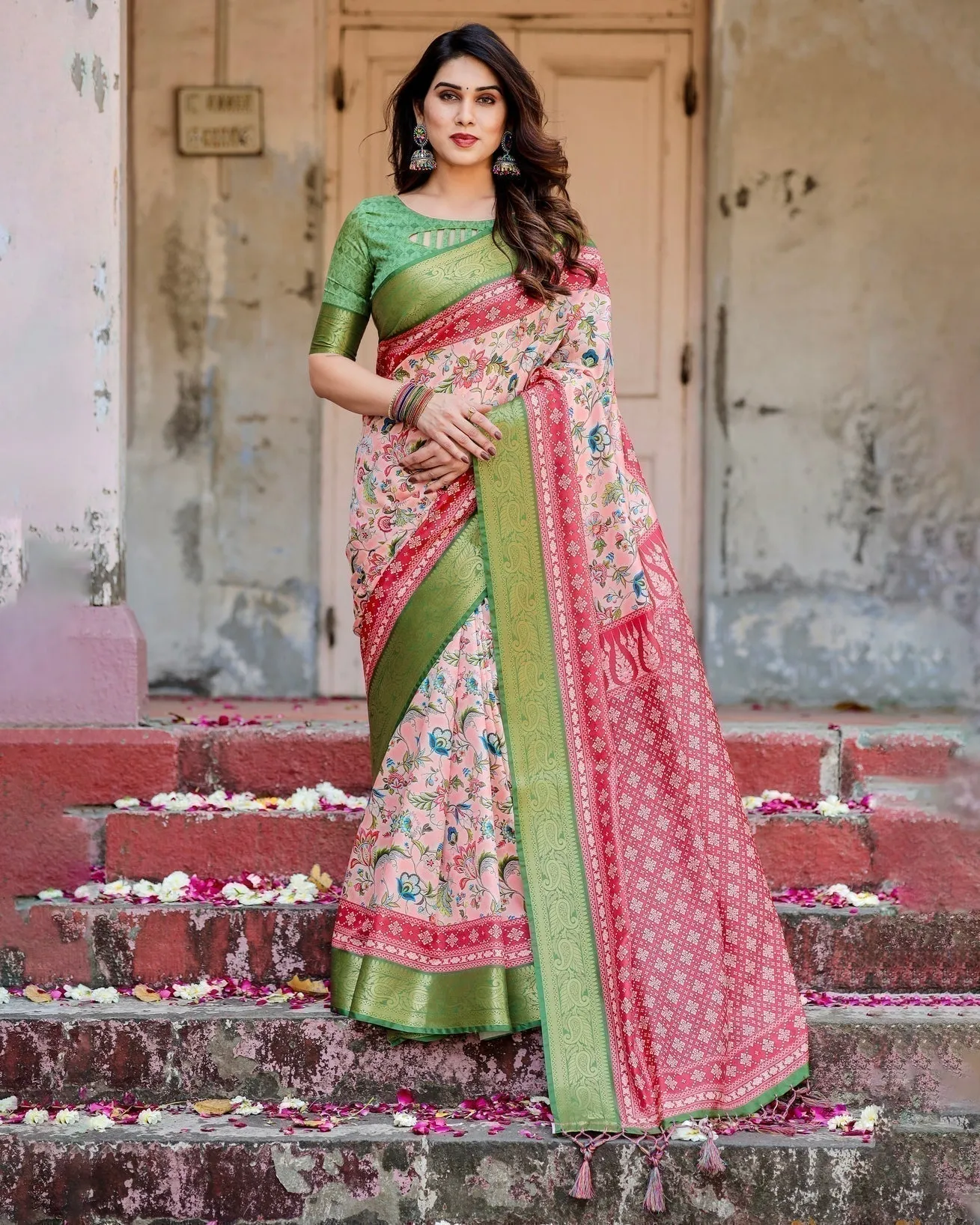 Blush Pink and Green Tussar Silk Saree with Floral Prints and Intricate Zari Work