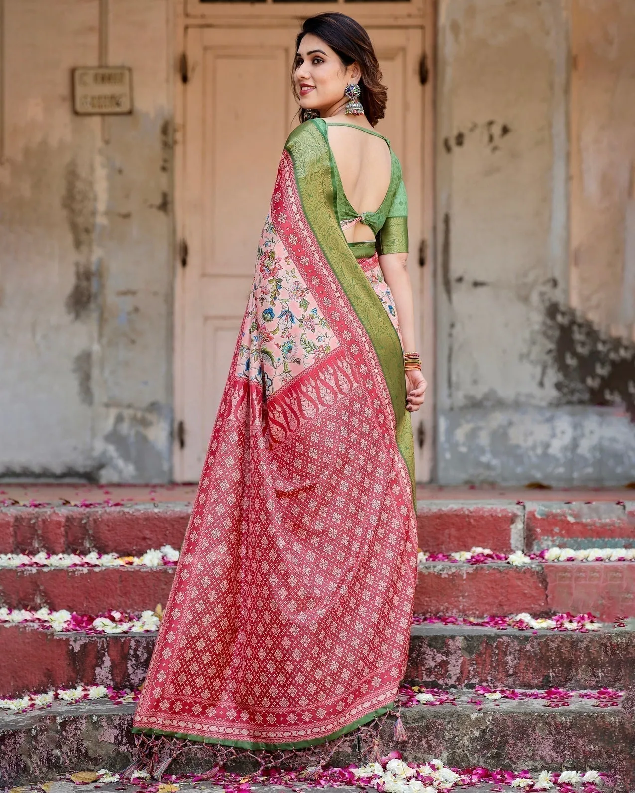 Blush Pink and Green Tussar Silk Saree with Floral Prints and Intricate Zari Work