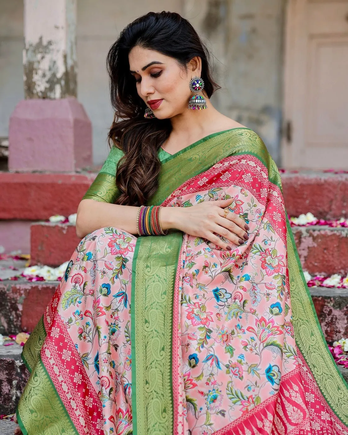 Blush Pink and Green Tussar Silk Saree with Floral Prints and Intricate Zari Work