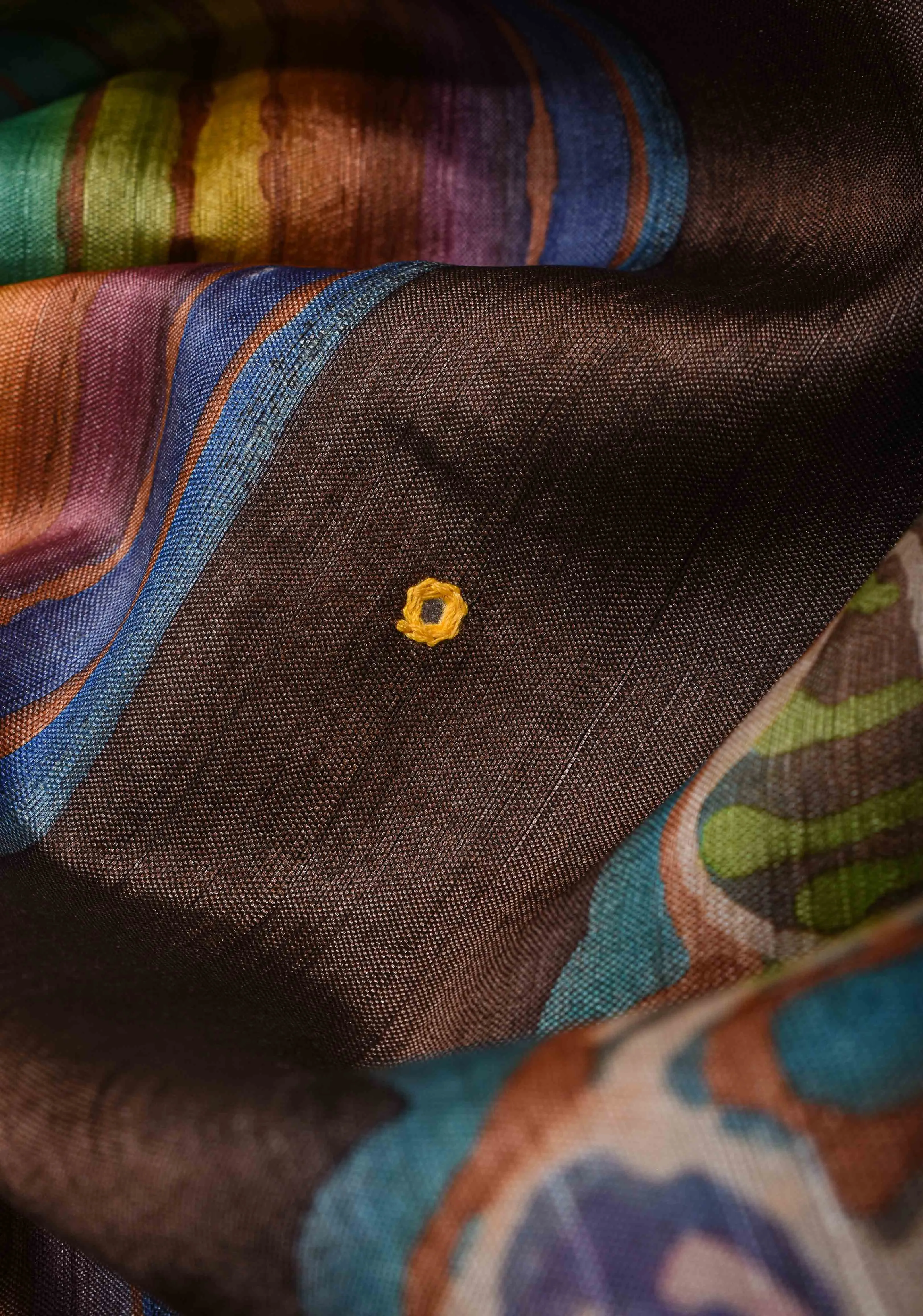 Brown Lightweight Tussar Silk Saree with Hand Batik Design and Mirror work | SILK MARK CERTIFIE
