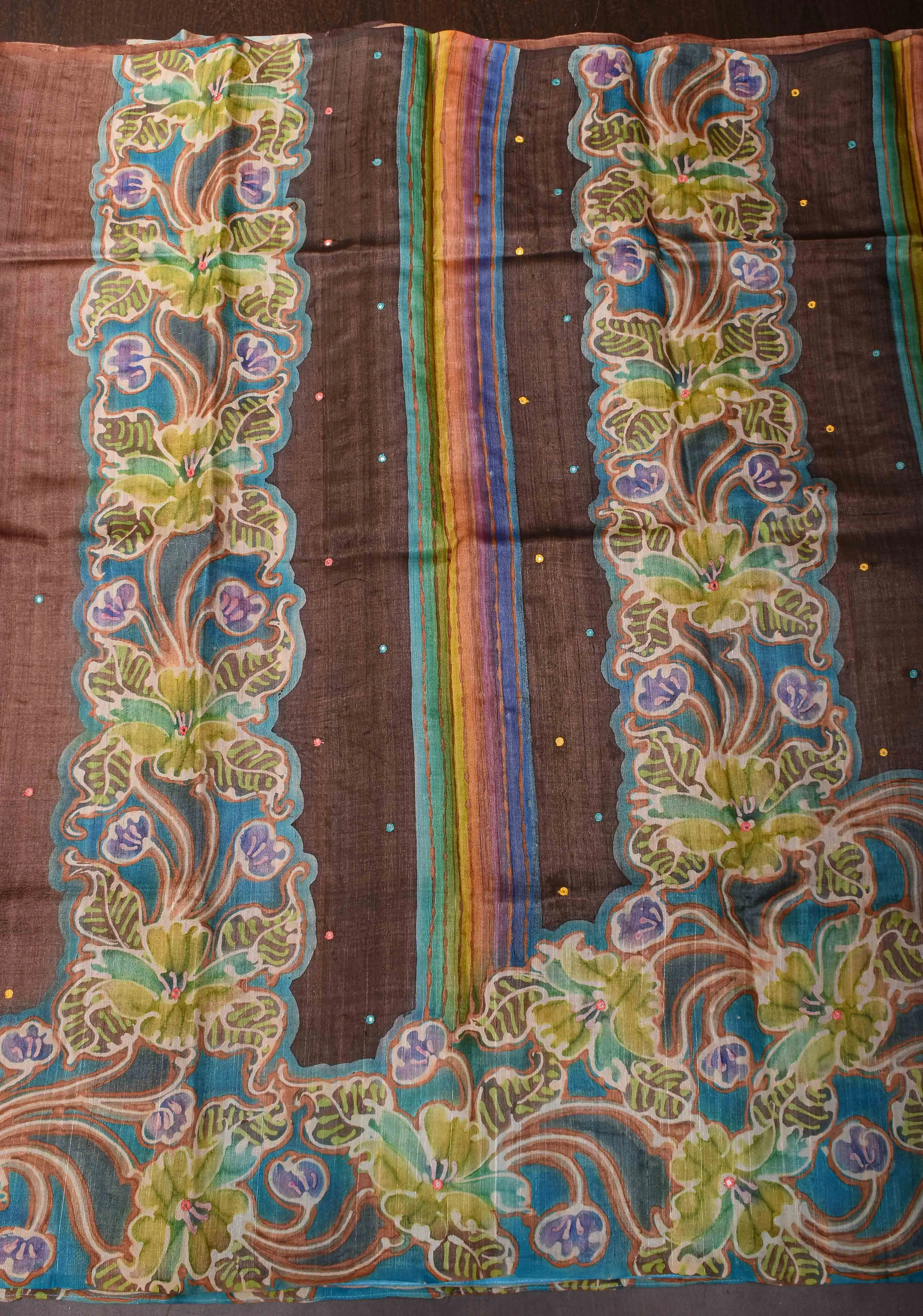 Brown Lightweight Tussar Silk Saree with Hand Batik Design and Mirror work | SILK MARK CERTIFIE
