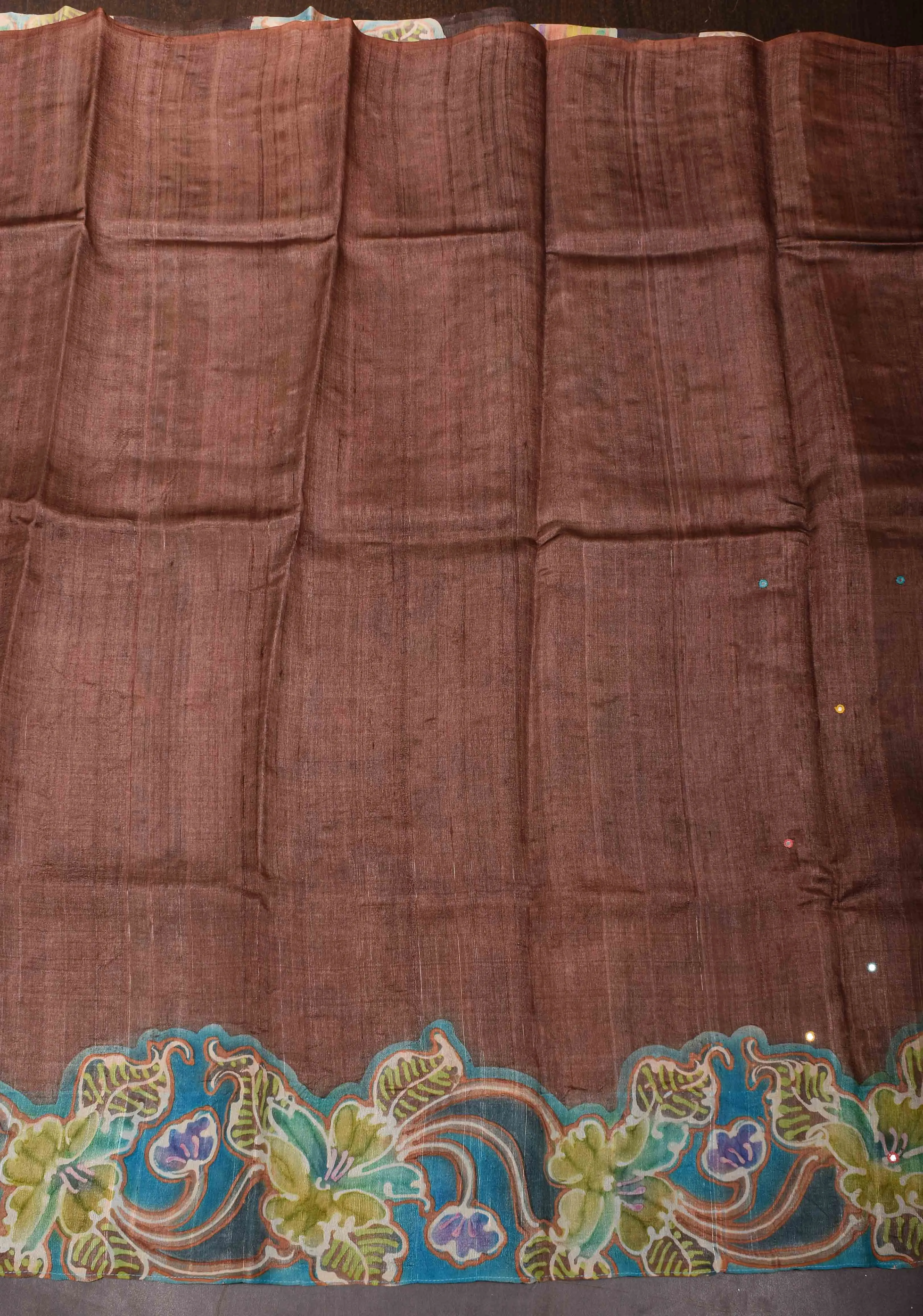 Brown Lightweight Tussar Silk Saree with Hand Batik Design and Mirror work | SILK MARK CERTIFIE