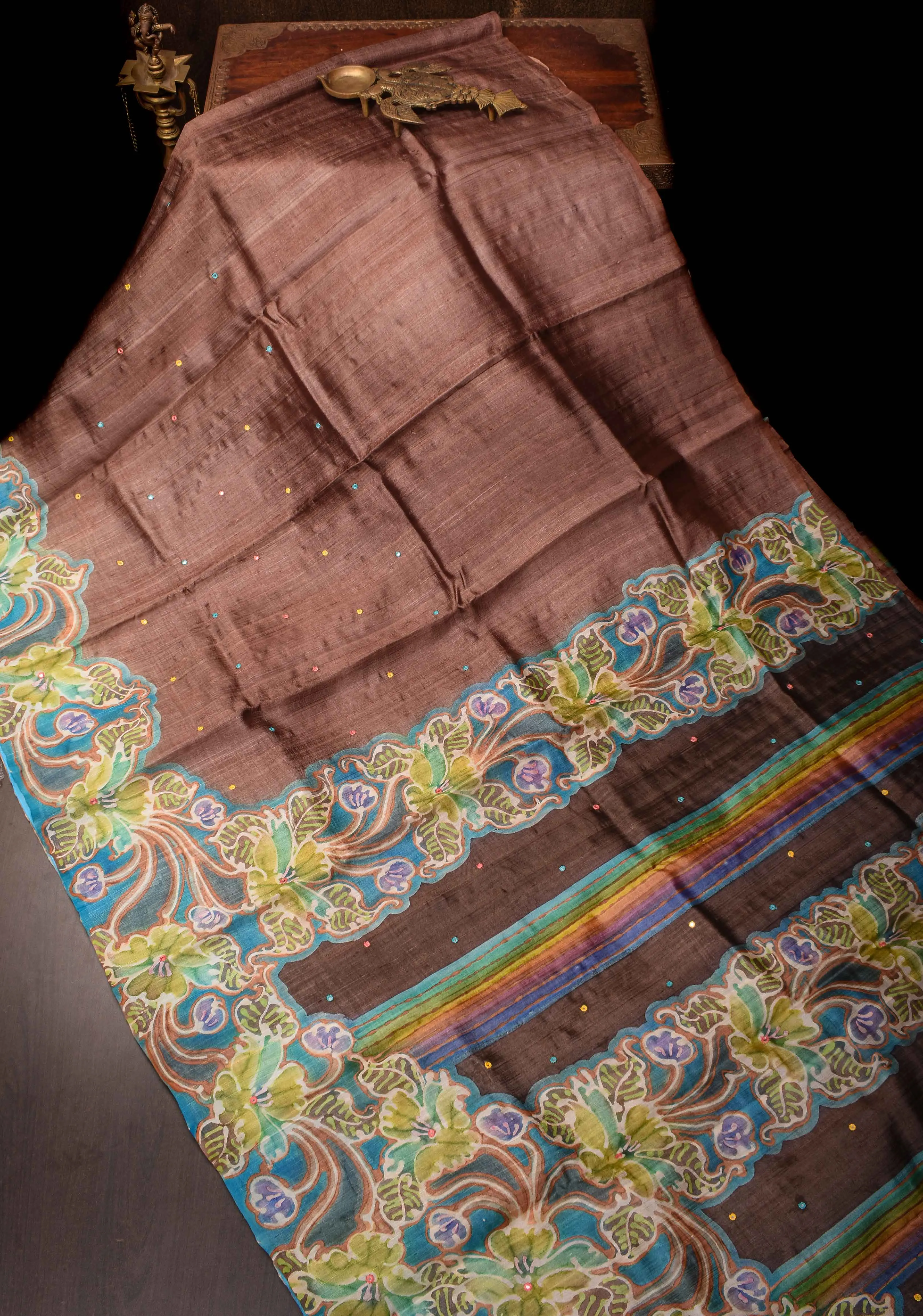 Brown Lightweight Tussar Silk Saree with Hand Batik Design and Mirror work | SILK MARK CERTIFIE
