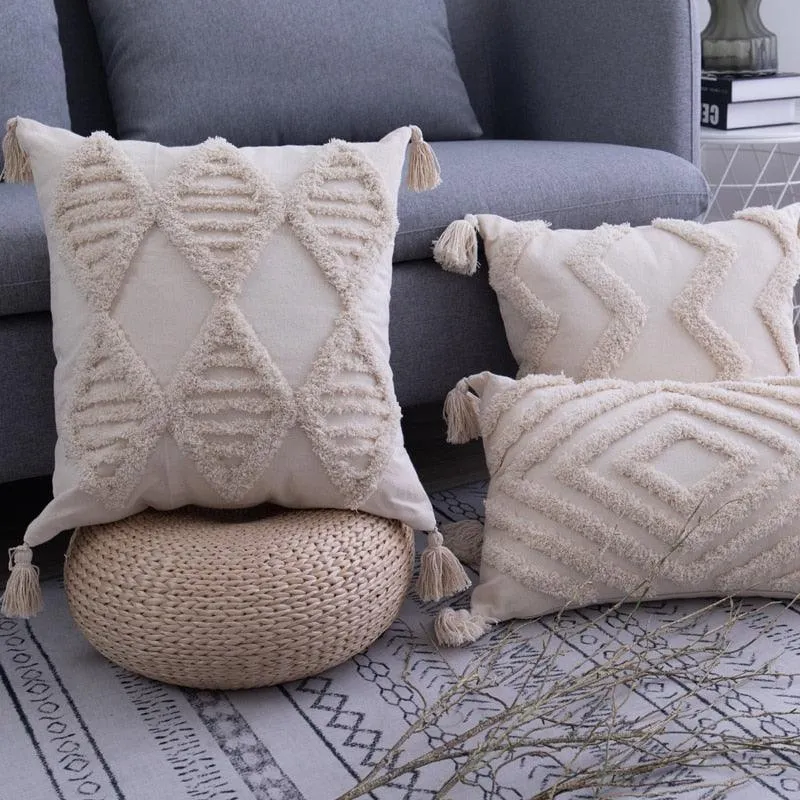 Chic Beige Linen/Cotton Cushion Cover with Elegant Tassel Embroidery - Stylish Home Decor Enhancement
