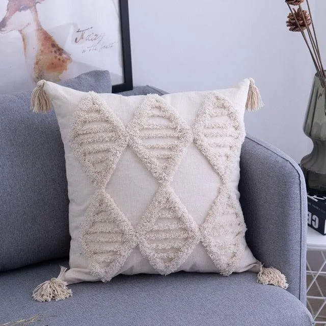 Chic Beige Linen/Cotton Cushion Cover with Elegant Tassel Embroidery - Stylish Home Decor Enhancement