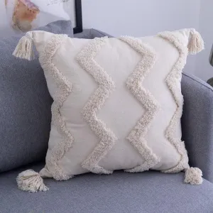 Chic Beige Linen/Cotton Cushion Cover with Elegant Tassel Embroidery - Stylish Home Decor Enhancement
