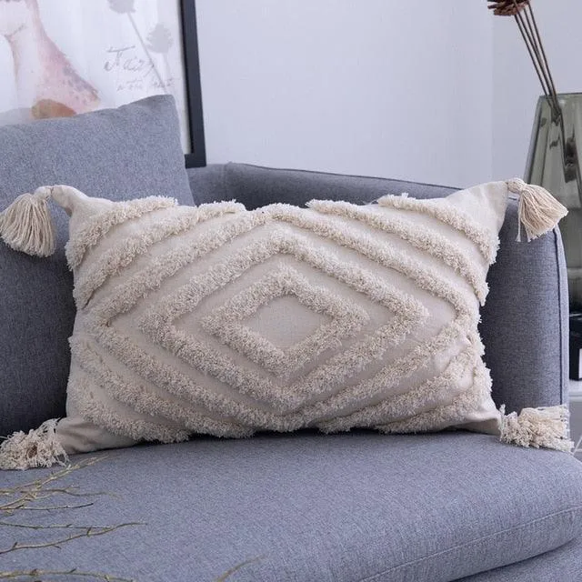 Chic Beige Linen/Cotton Cushion Cover with Elegant Tassel Embroidery - Stylish Home Decor Enhancement