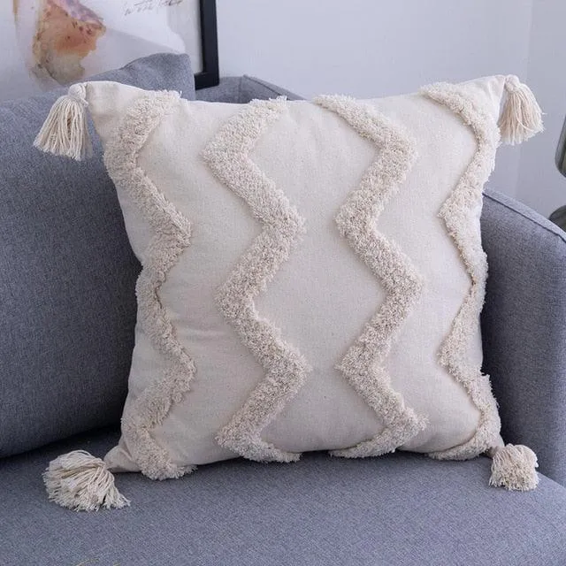 Chic Beige Linen/Cotton Cushion Cover with Elegant Tassel Embroidery - Stylish Home Decor Enhancement