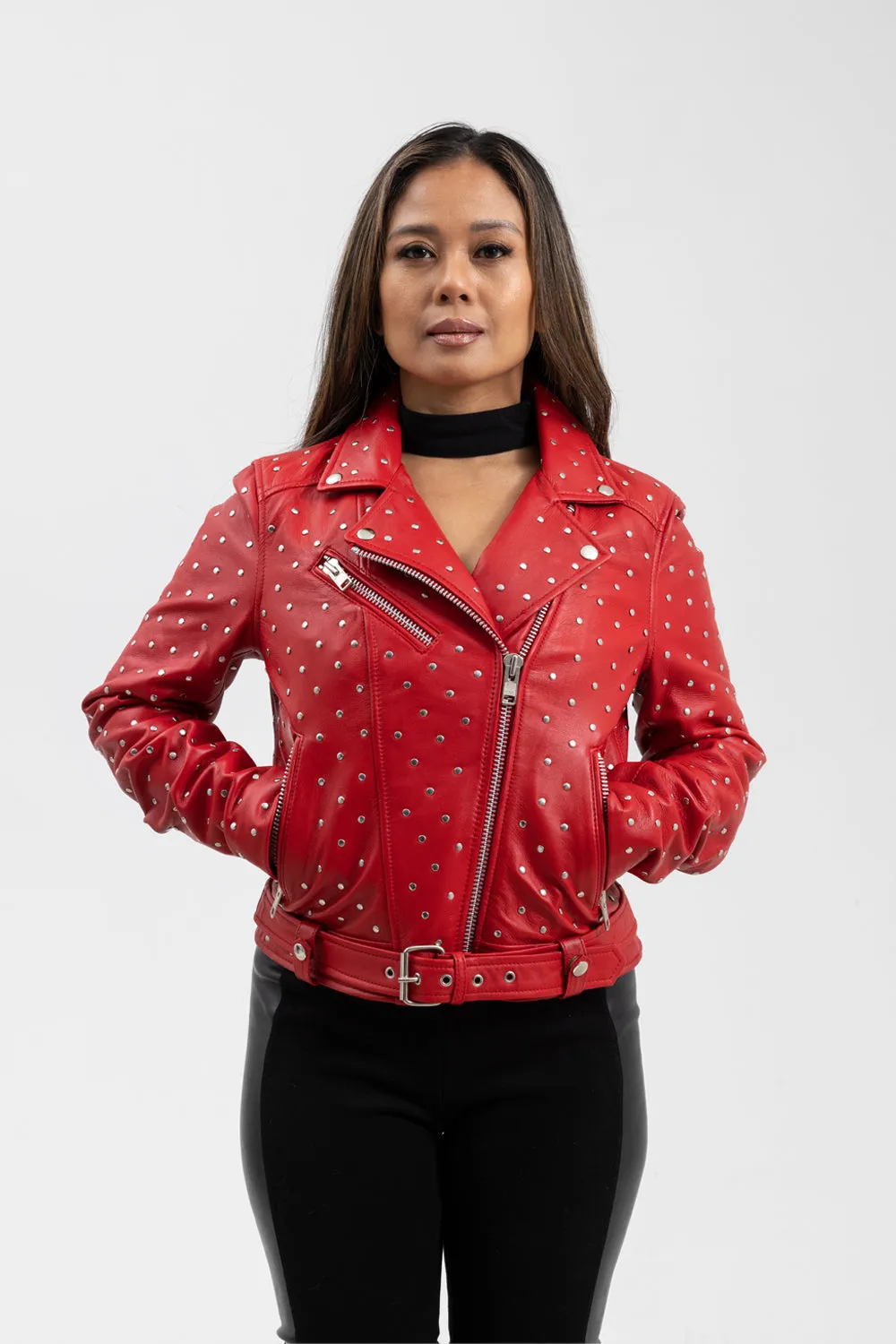 Claudia Womens Fashion Leather Jacket Fire Red
