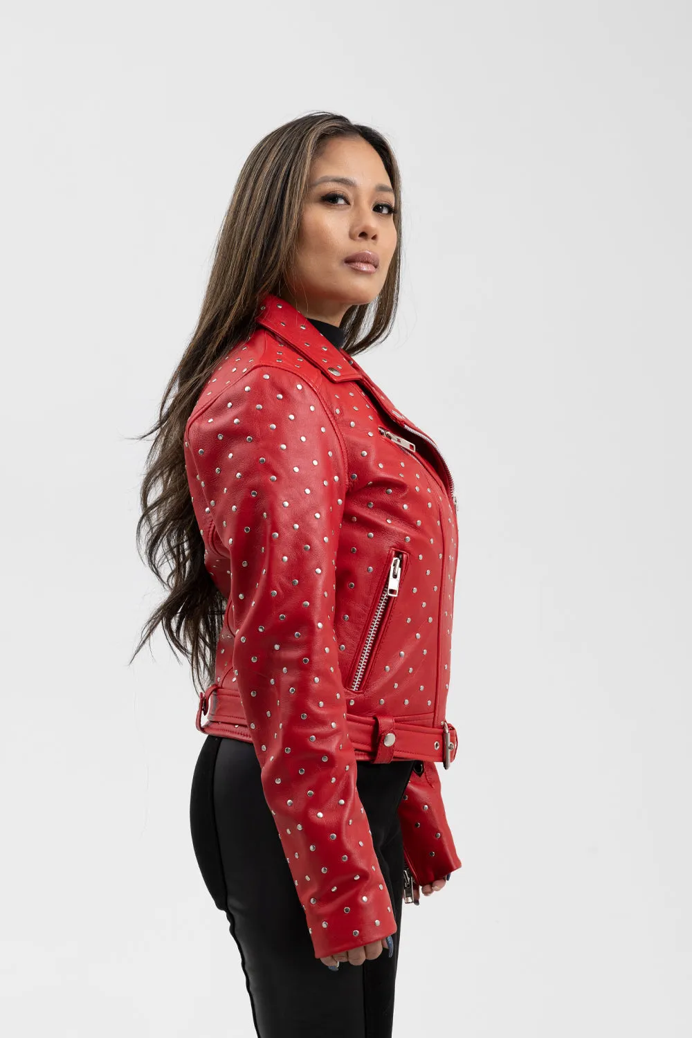 Claudia Womens Fashion Leather Jacket Fire Red