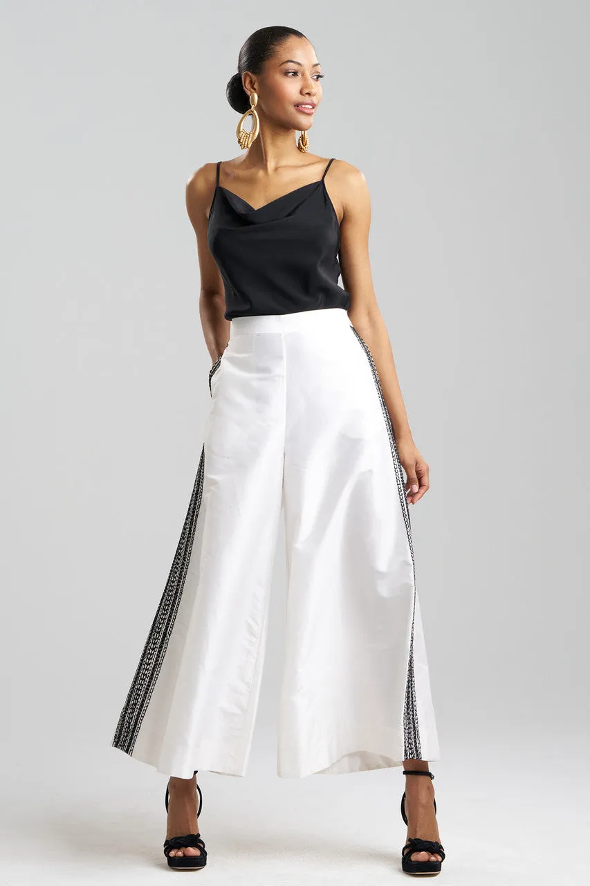 Couture Silk Dupioni Embroidered Trim Palazzo Pants