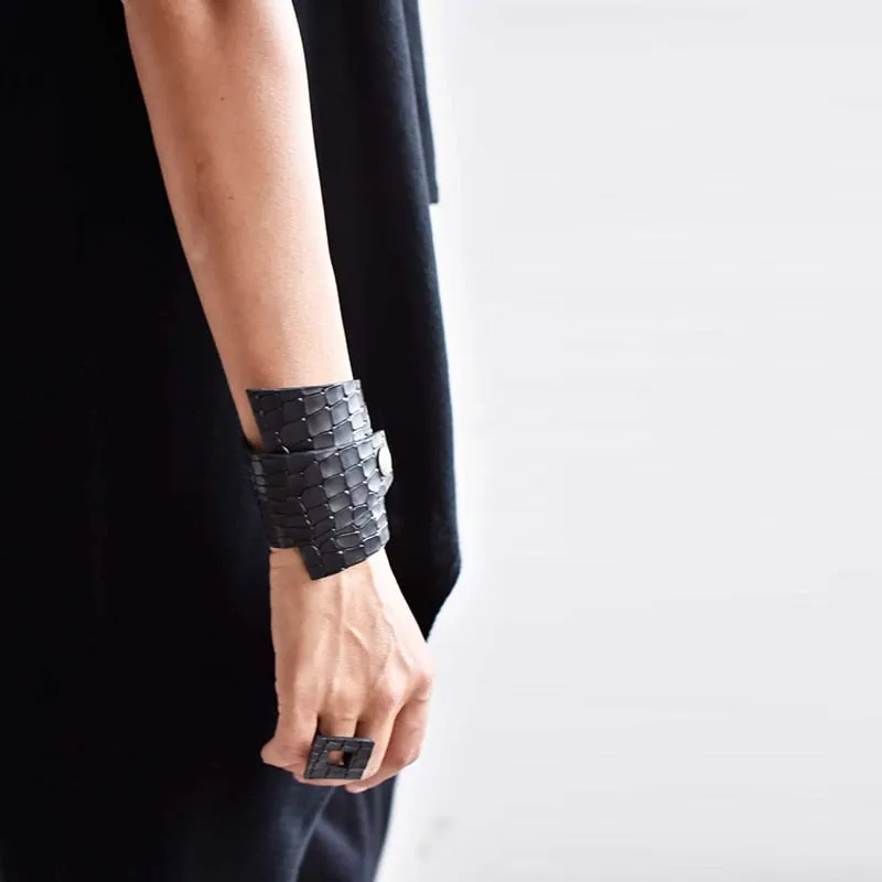 Croc Effect Leather Wrap Bracelet & Ring