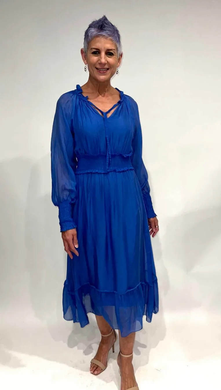 Elastic Shirred Waist Dress - Cobalt