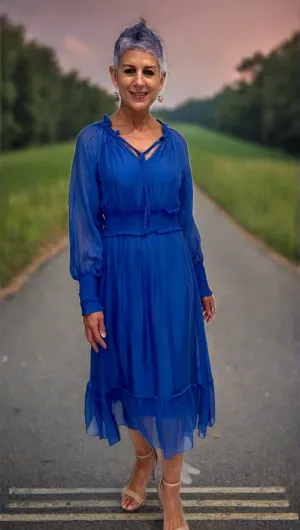 Elastic Shirred Waist Dress - Cobalt