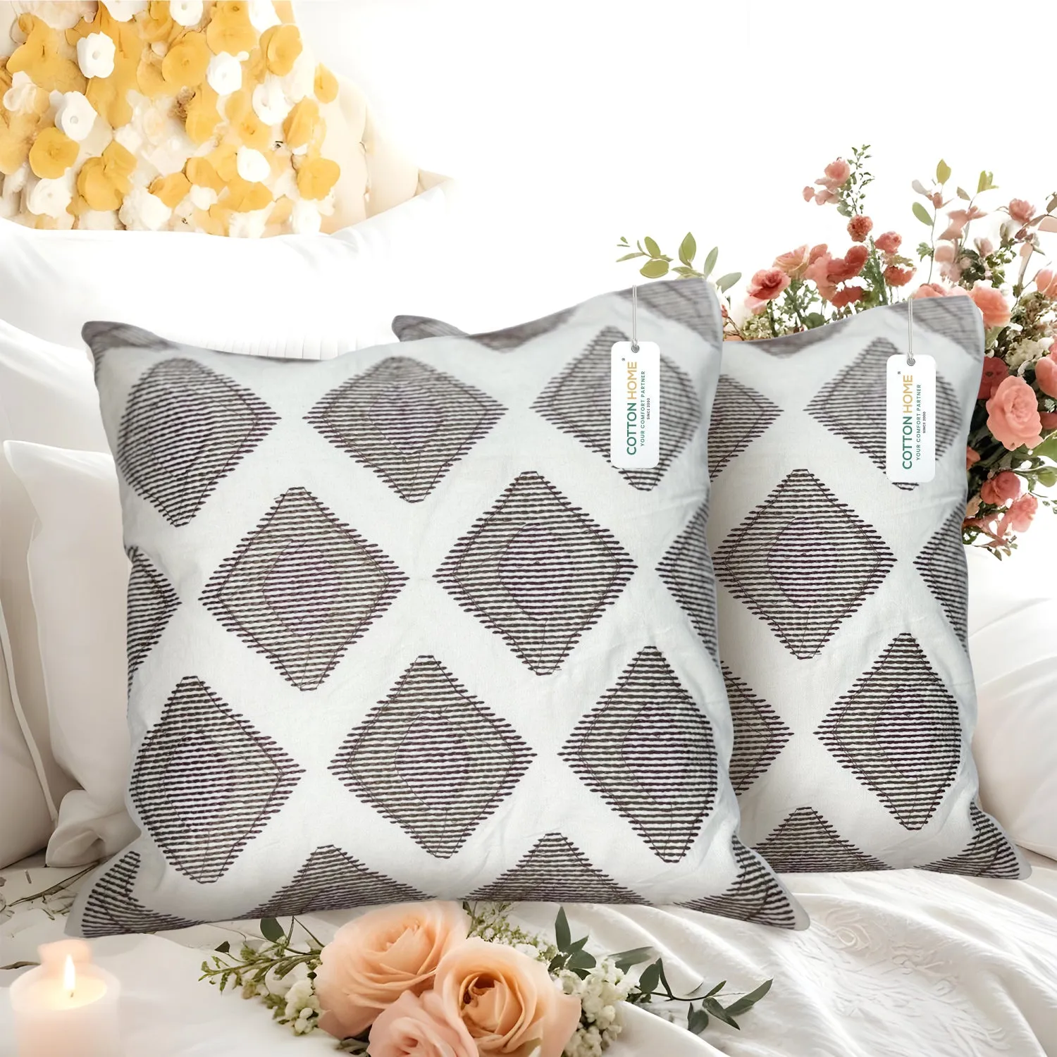 Embroidered Cushion - 100% Cotton Canvas, 45x45cm |  Brown Rhombus Pattern | Set of 2