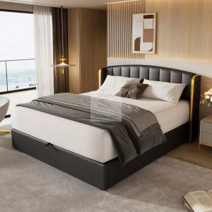 Emiliano Wingback Black Leather Italian Design Ottoman Bed