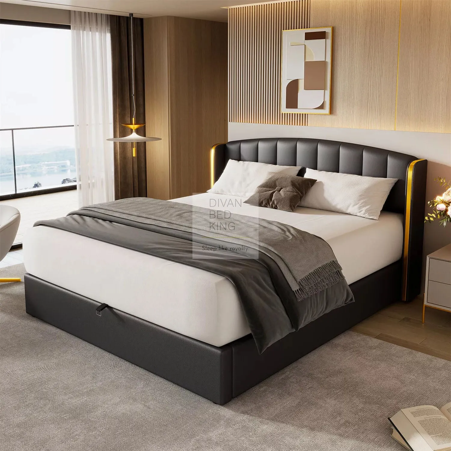 Emiliano Wingback Black Leather Italian Design Ottoman Bed