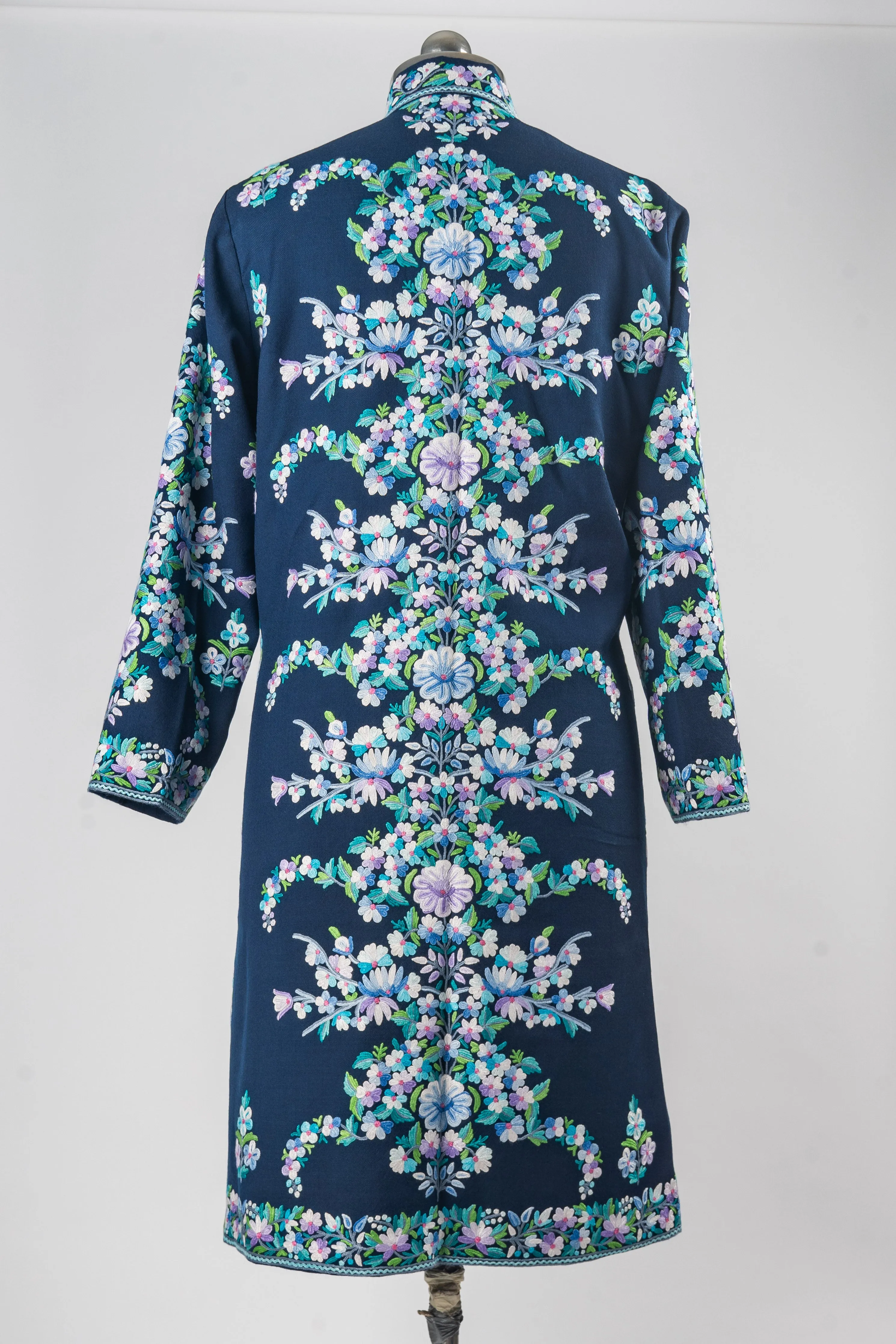Floral Dreams: Hand Aari Embroidered Merino Wool Jacket in Midnight Blue Elegance