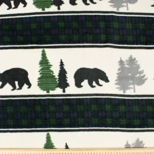 Forest Bears & Green Check Stripes Printed Polar Fleece Design-A35