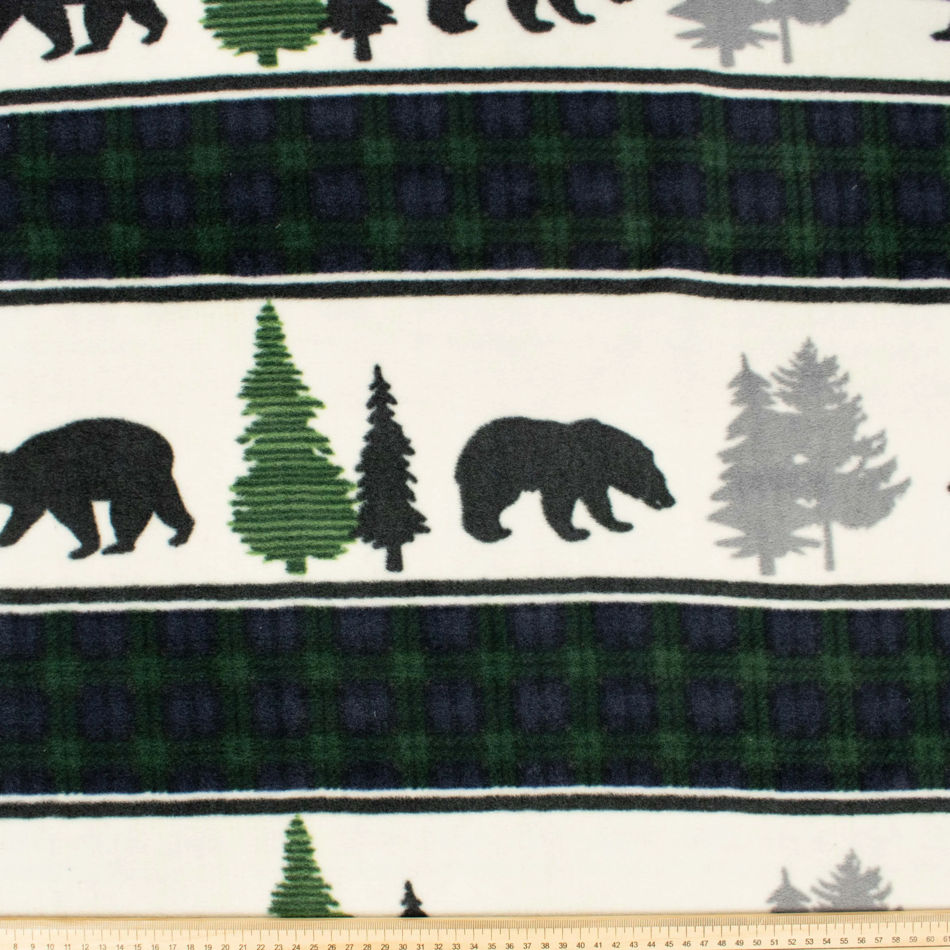 Forest Bears & Green Check Stripes Printed Polar Fleece Design-A35