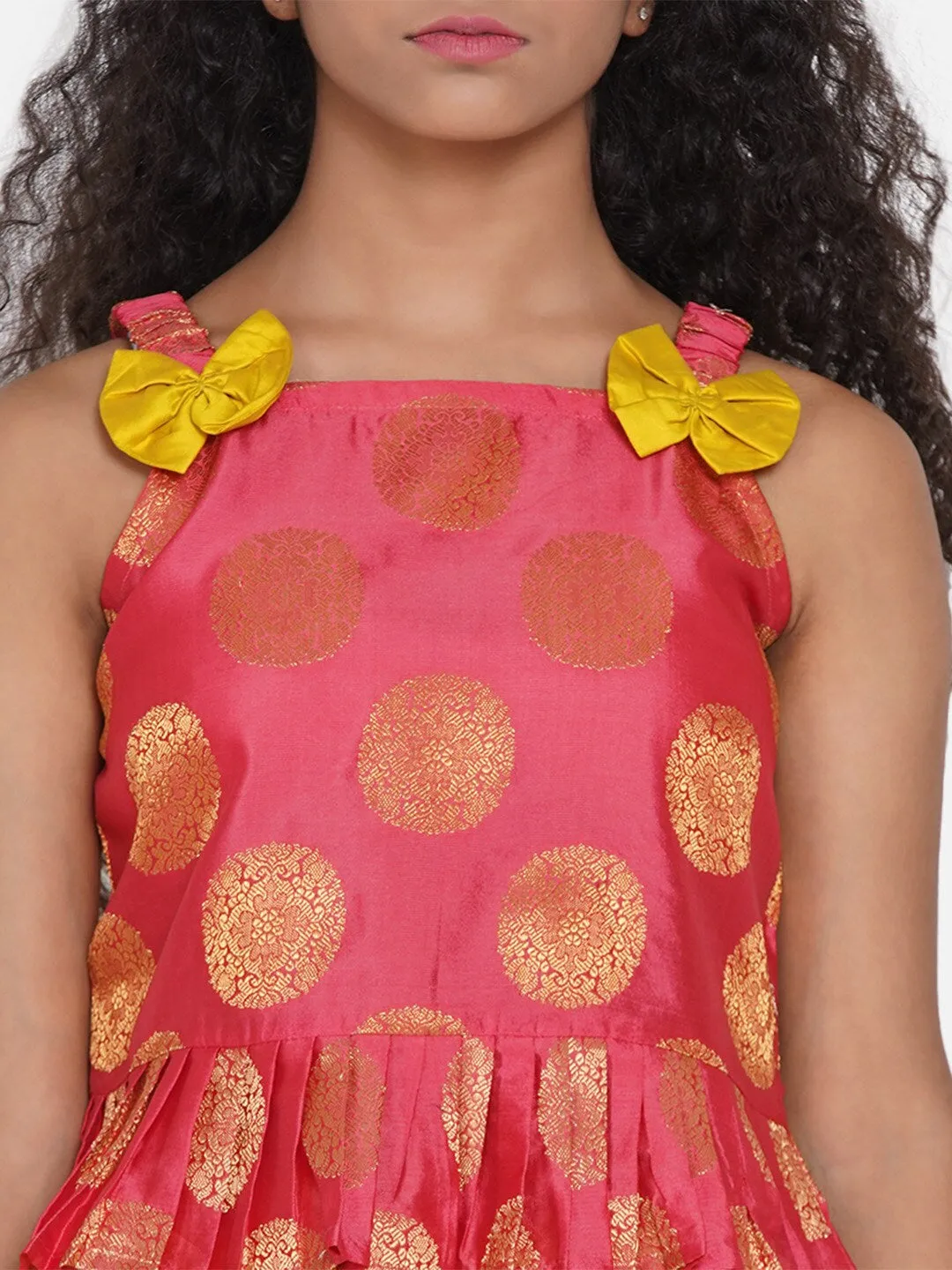 Girls Peach & Yellow Embellished Ready To Wear Lehenga Choli